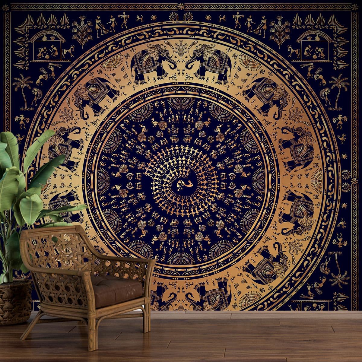 Blue and Gold Warli Art on Rug Wallpaper shown in a room