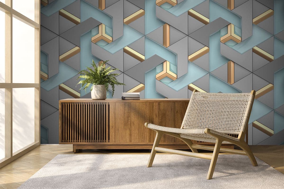 Grey and Gold Triangle Pattern Modern Wall Mural Wallpaper shown in a room