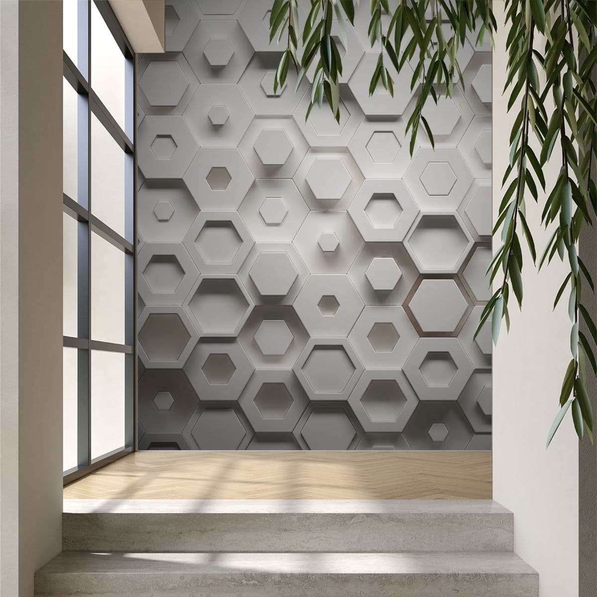 Clean White Hexagon Pattern Wall Mural Wallpaper shown in a room