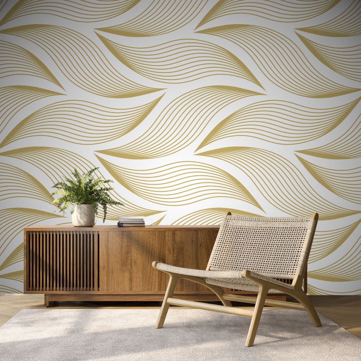 Elegant Gold and White Waves Wallpaper Mural shown in a room