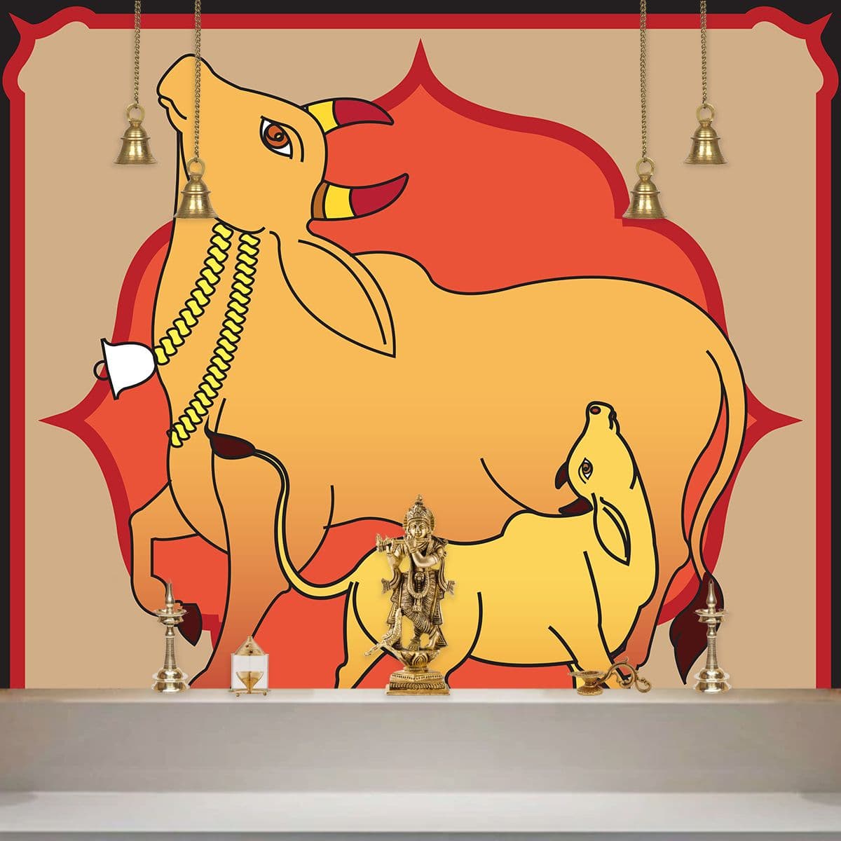 Cow and Calf Pichwai Wallpaper shown in a room