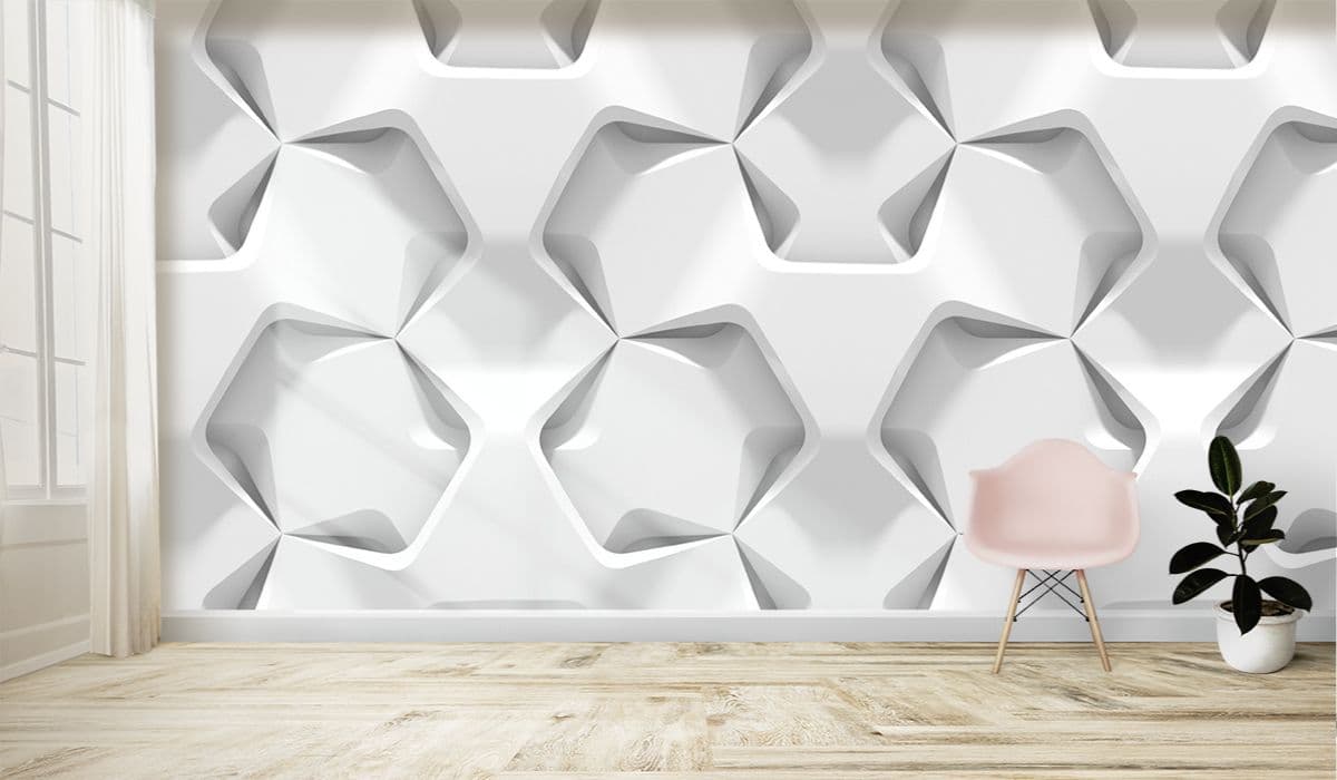 Classy White Hexagon Pattern Surface Design wallpaper shown in a room