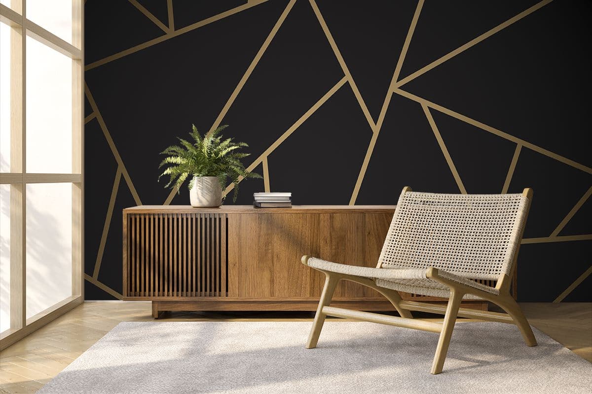 Black and Gold Geometric Pattern Wallpaper shown in a room