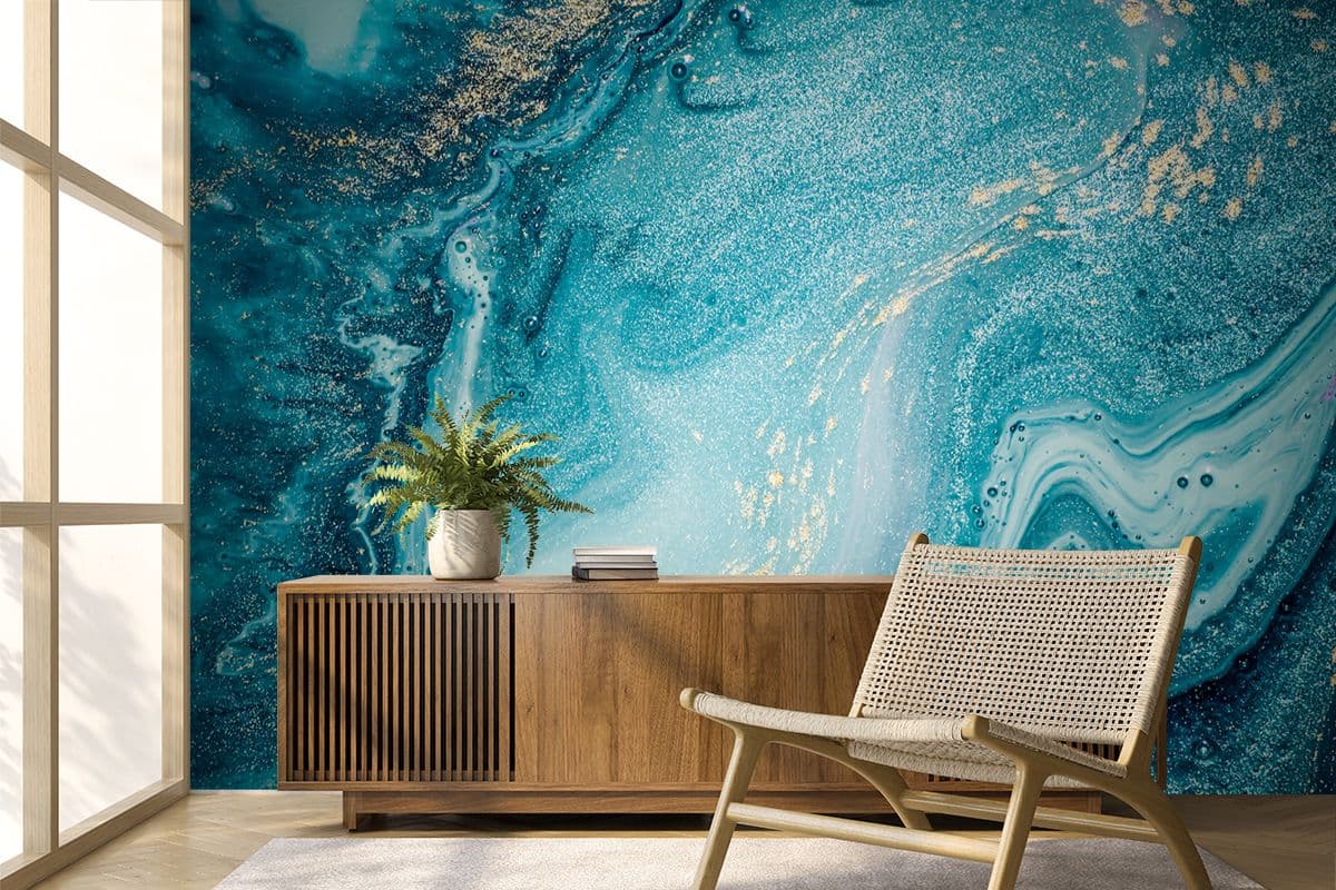 Blue and Gold Liquid Wallpaper shown in a room