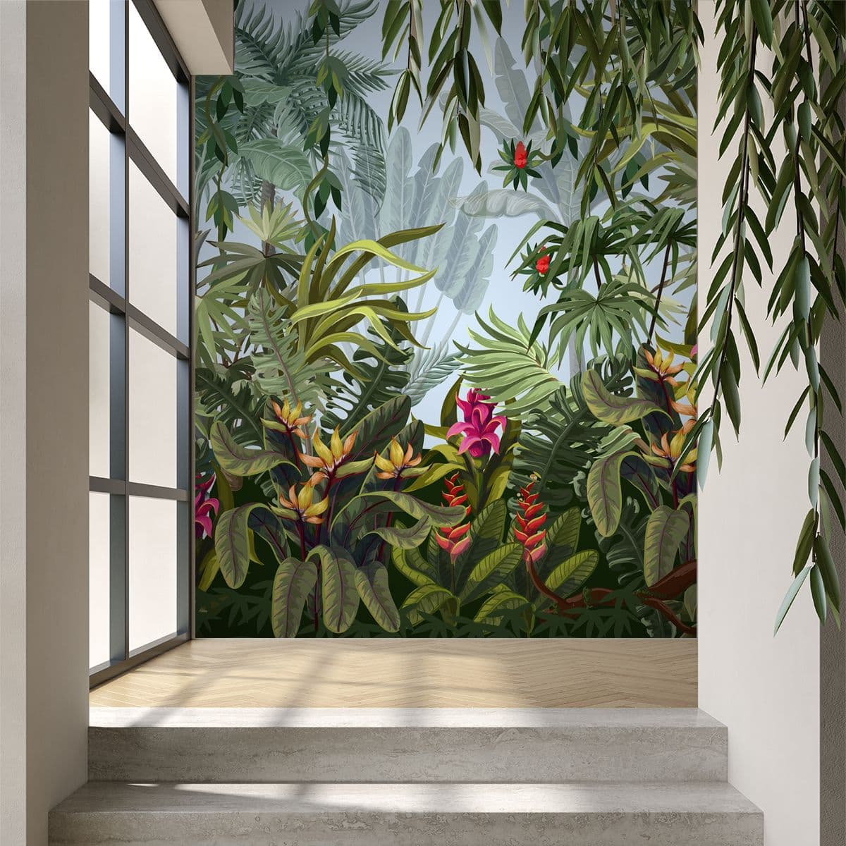 Tropical Plants and Flowers Wallpaper for Wall shown in a room
