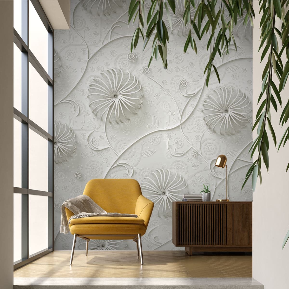 A white wallpaper with spirals and swirls shown in a room