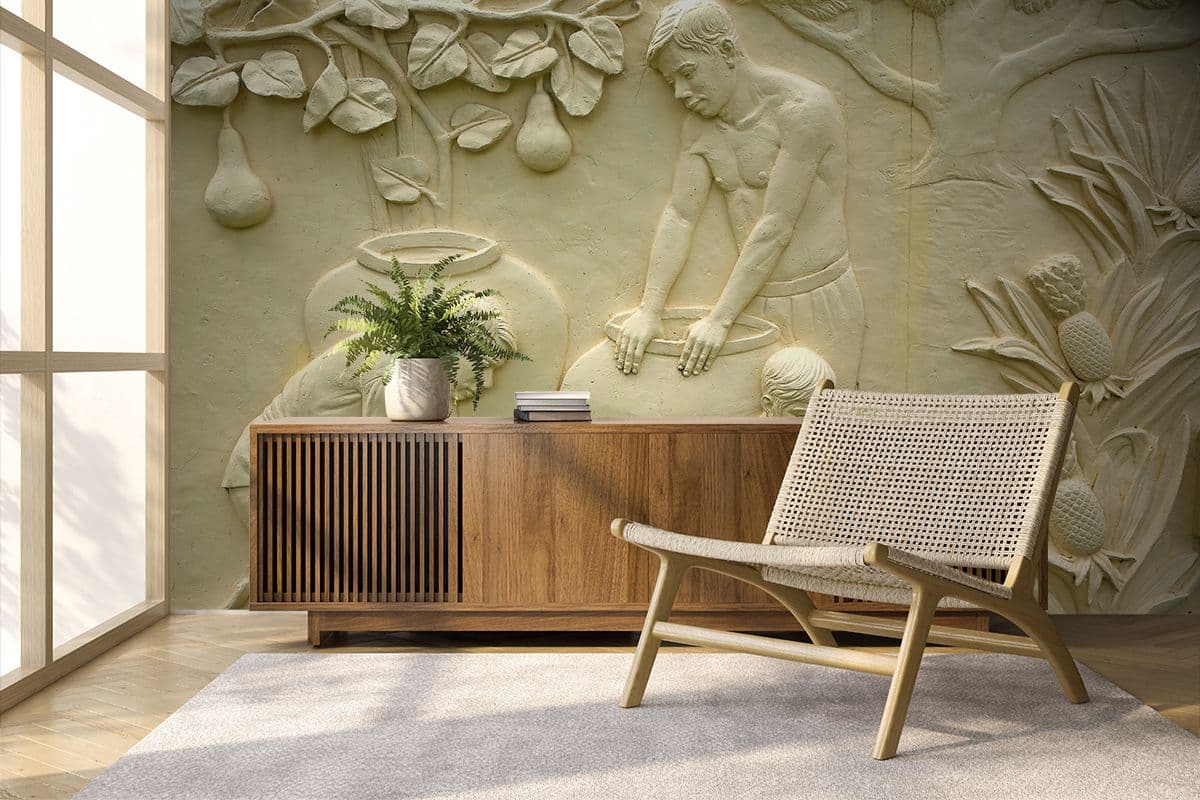 Elegant Stone Carving of Pottery Workers Wallpaper shown in a room