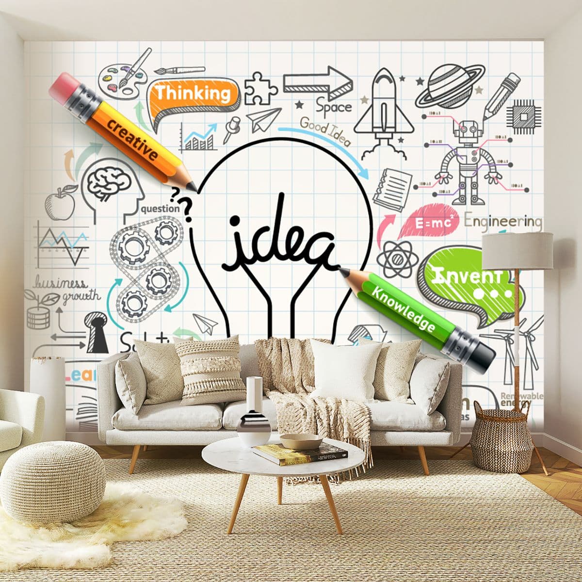 Light Bulb Drawing with Pencils Creative wallpaper shown in a room