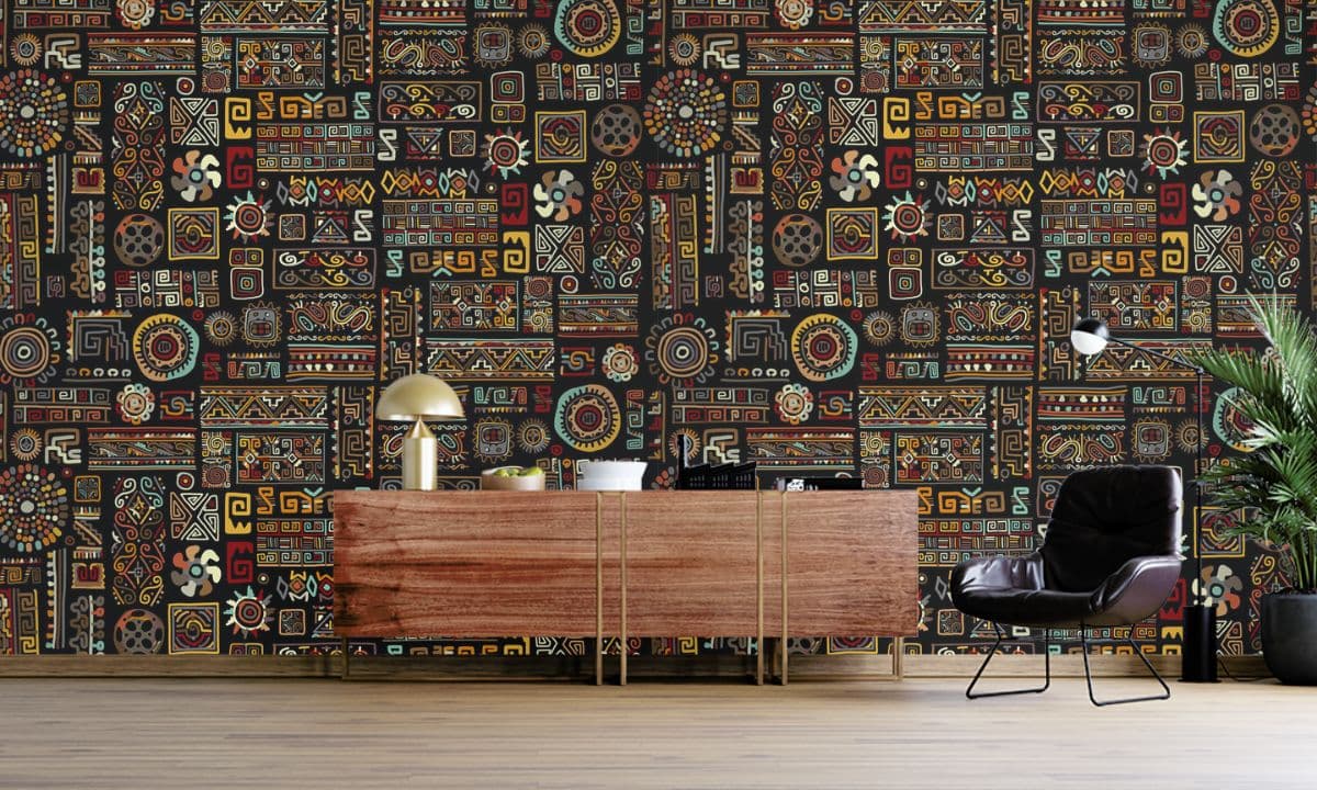 Unique Stylized Colorful Dot Pattern Art Wallpaper shown in a room
