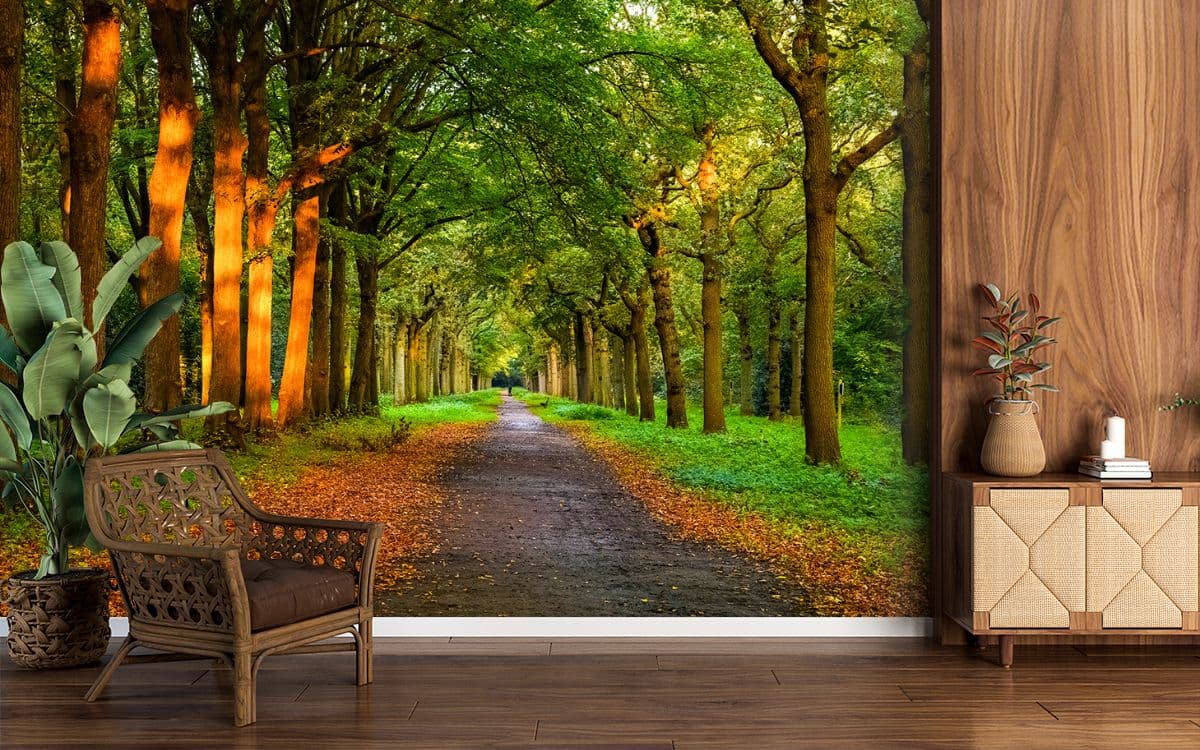 Serene Green Pathway with Trees and Grass Landscape Nature Wallpaper shown in a room