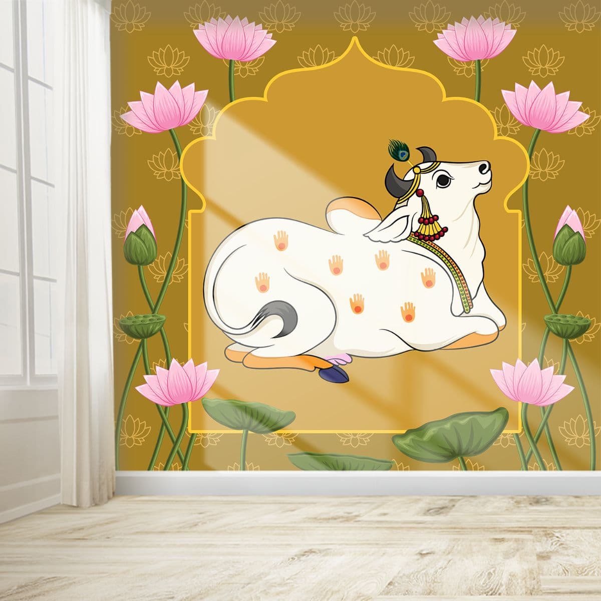 Beautiful Pichwai Cow Wallpaper Mural shown in a room
