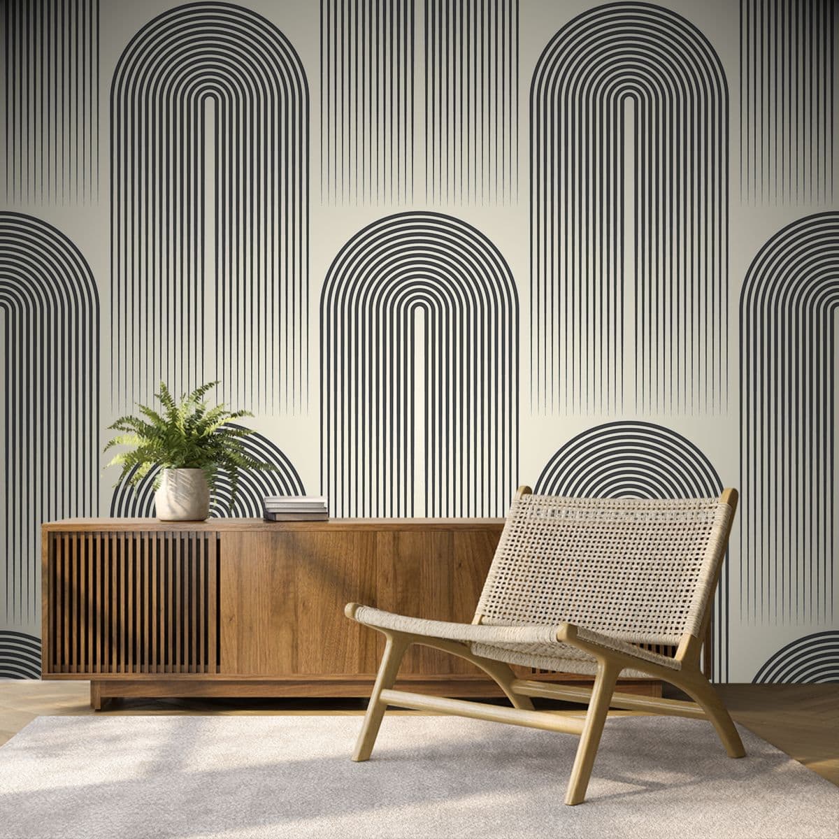Modern Black and White Arch-inspired Pattern Wallpaper shown in a room