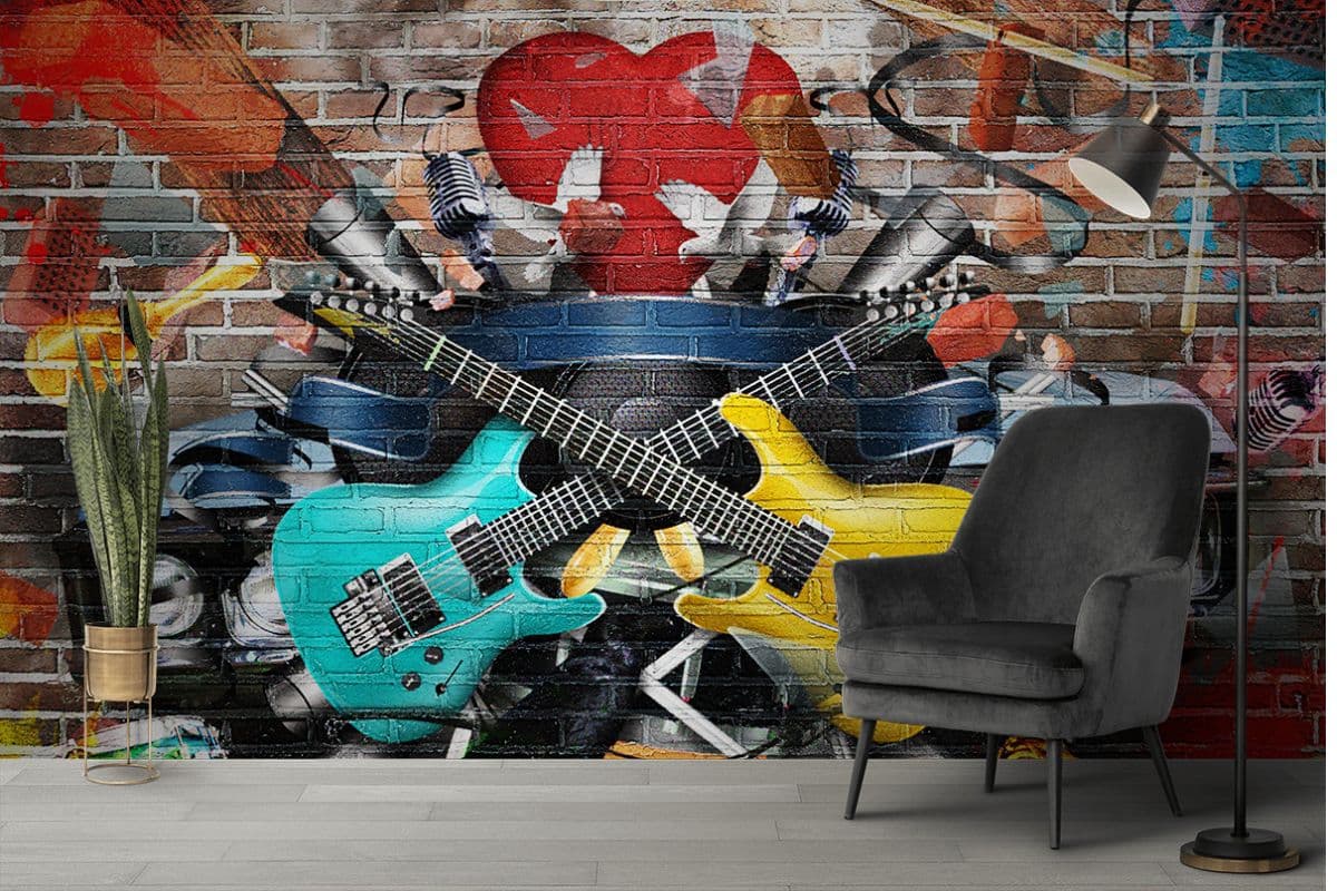Elegant Guitar Wall Art Mural Design Wallpaper shown in a room