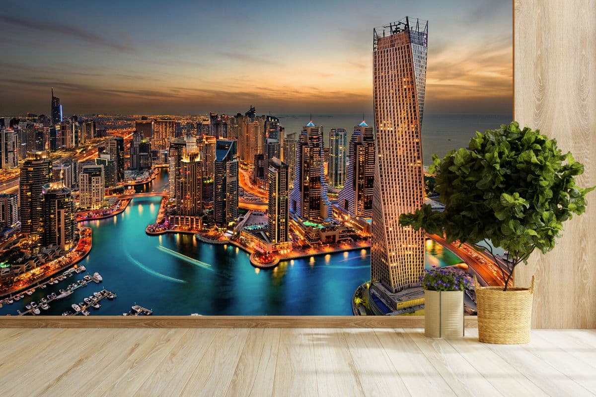 Waterfront city with boats crowding the harbor wallpaper shown in a room