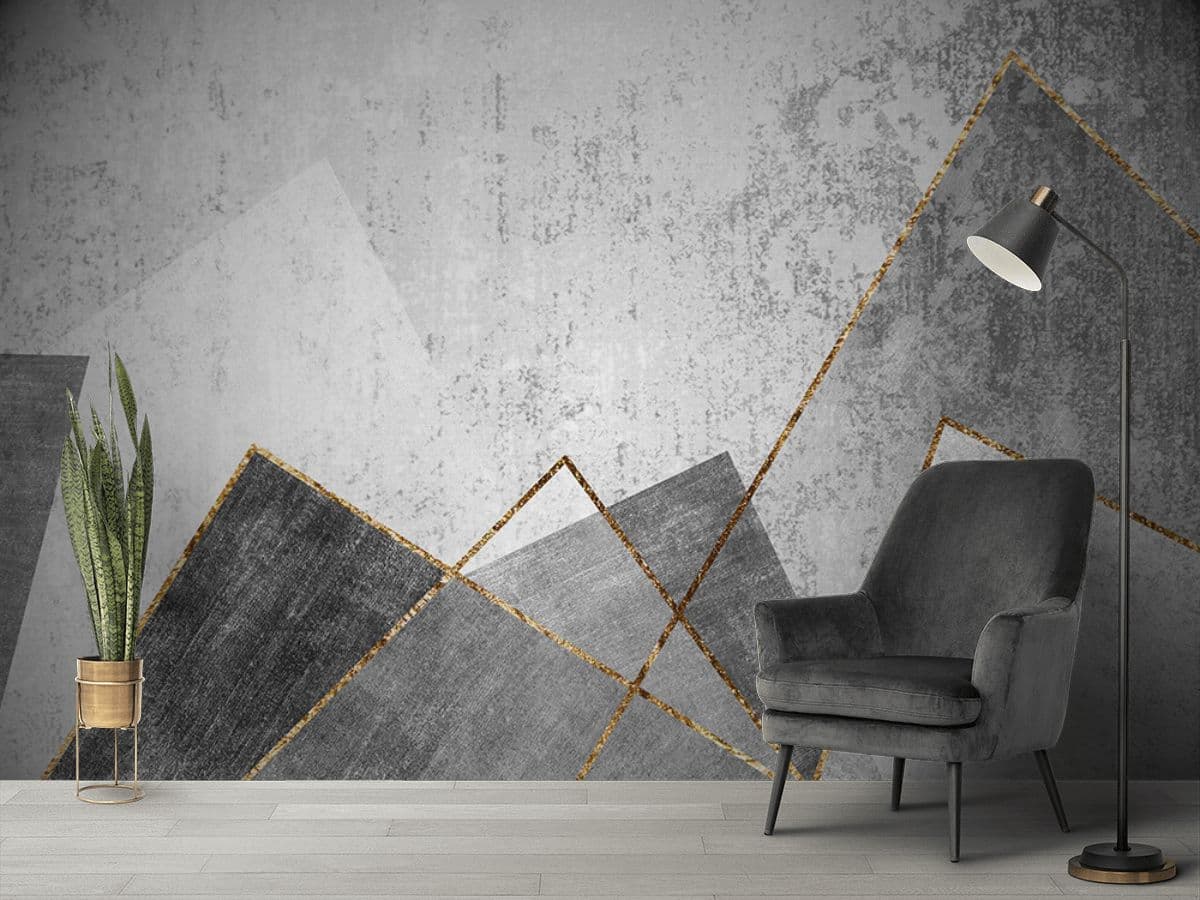 Grey and Gold Pattern Wallpaper, Living Room with gold lines shown in a room