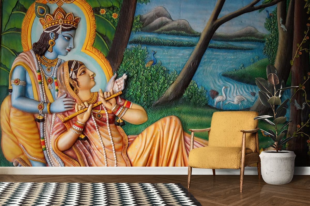 Graceful Radha Krishna Traditional Art wallpaper shown in a room