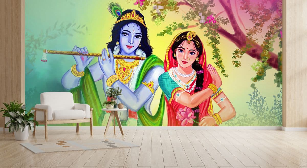 Beautiful Radha Krishna Wallpaper Mural shown in a room