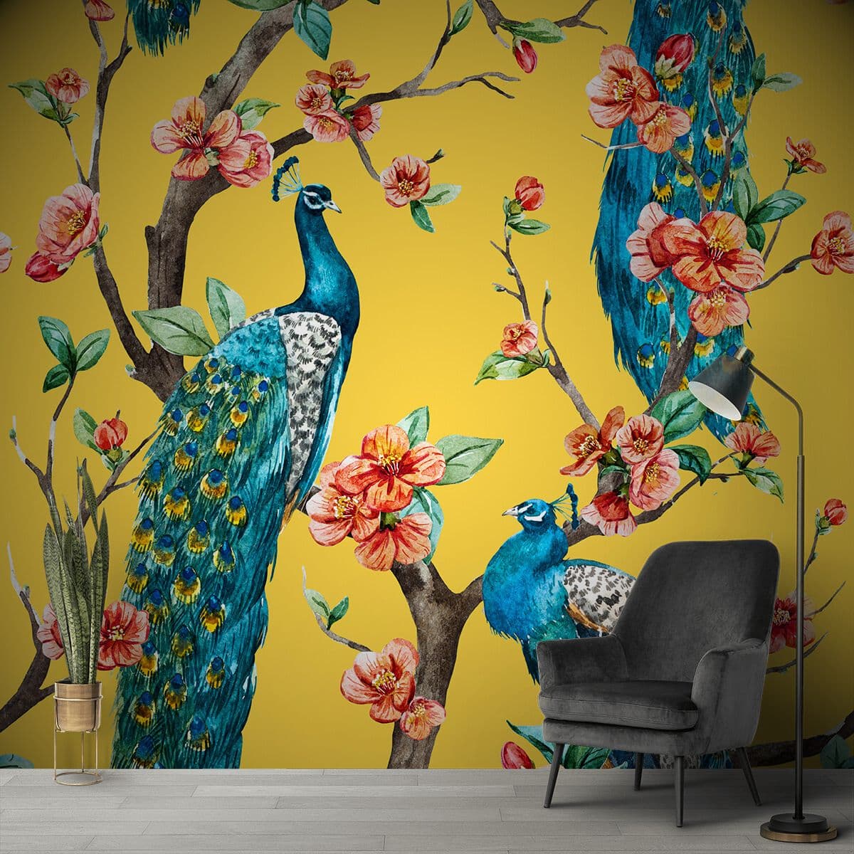 Beautiful Peacocks Wallpaper with Flowers shown in a room