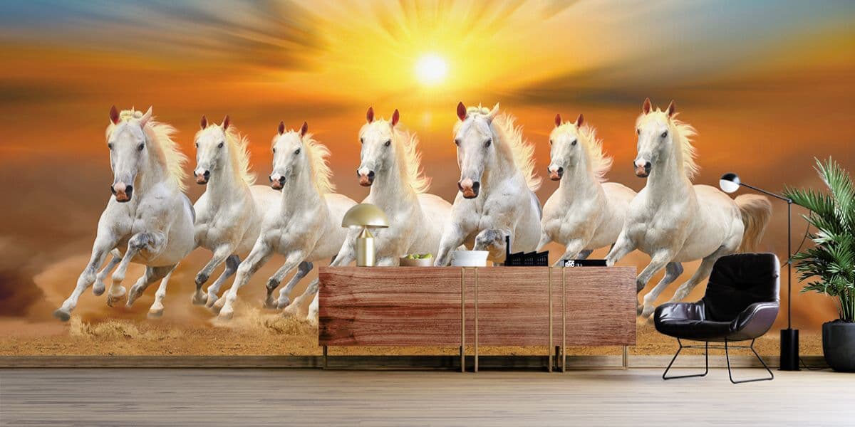 7 White Horse Wallpaper Mural shown in a room