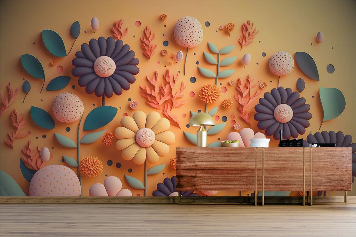 Yellow and Green 3D Flowers Wallpaper for walls shown in a room