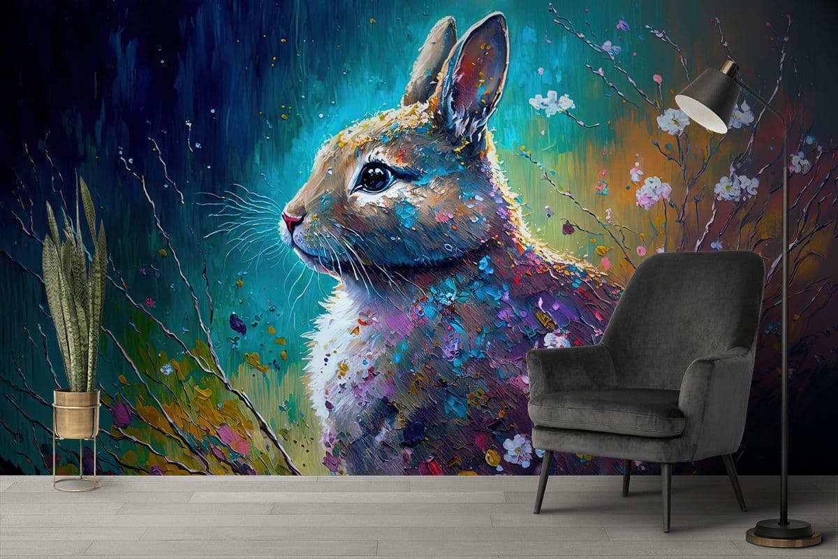Cute Rabbit with Floral Art Kids Room Wallpaper shown in a room