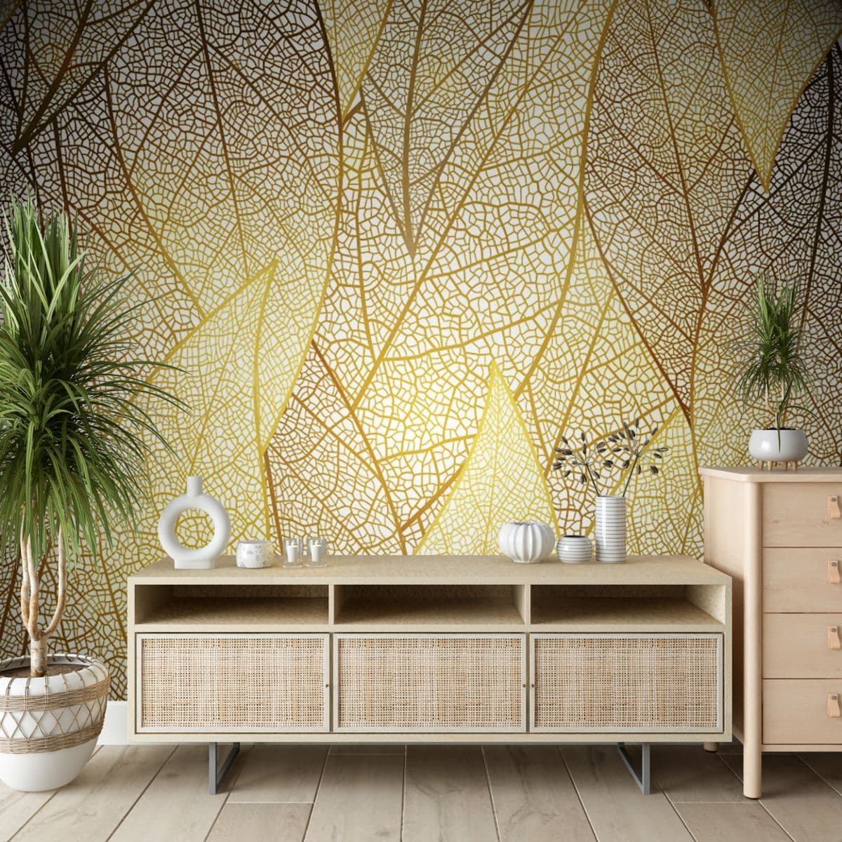 Elegant Golden Leaf Vein Pattern wallpaper shown in a room