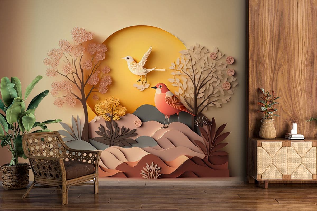 Paper Cut Out Landscape Scene Wallpaper shown in a room