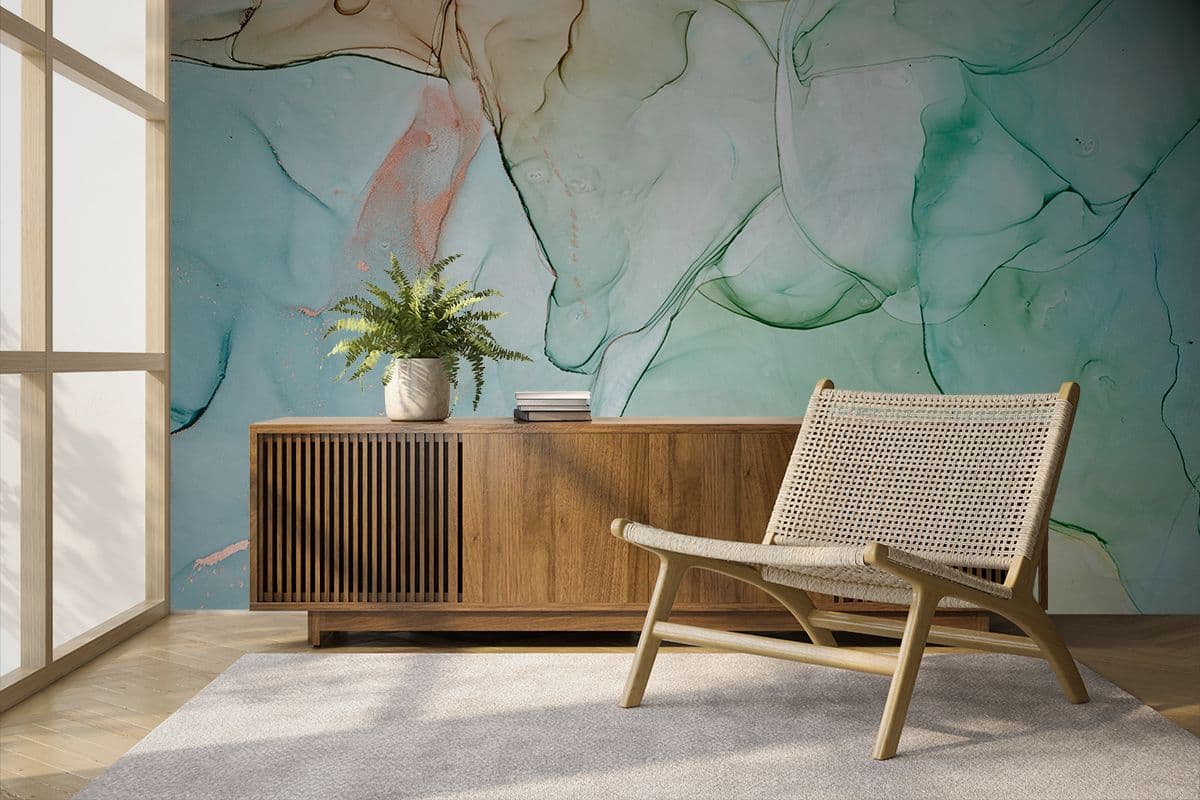 Blue Marble Wallpaper with Green Veins, Marble Murals shown in a room