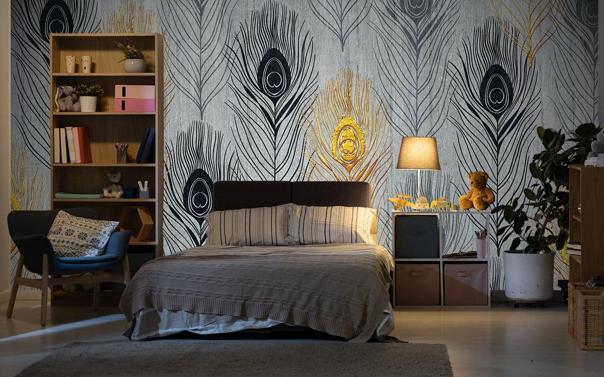 Peacock Feathers Pattern Wallpaper for Wall shown in a room