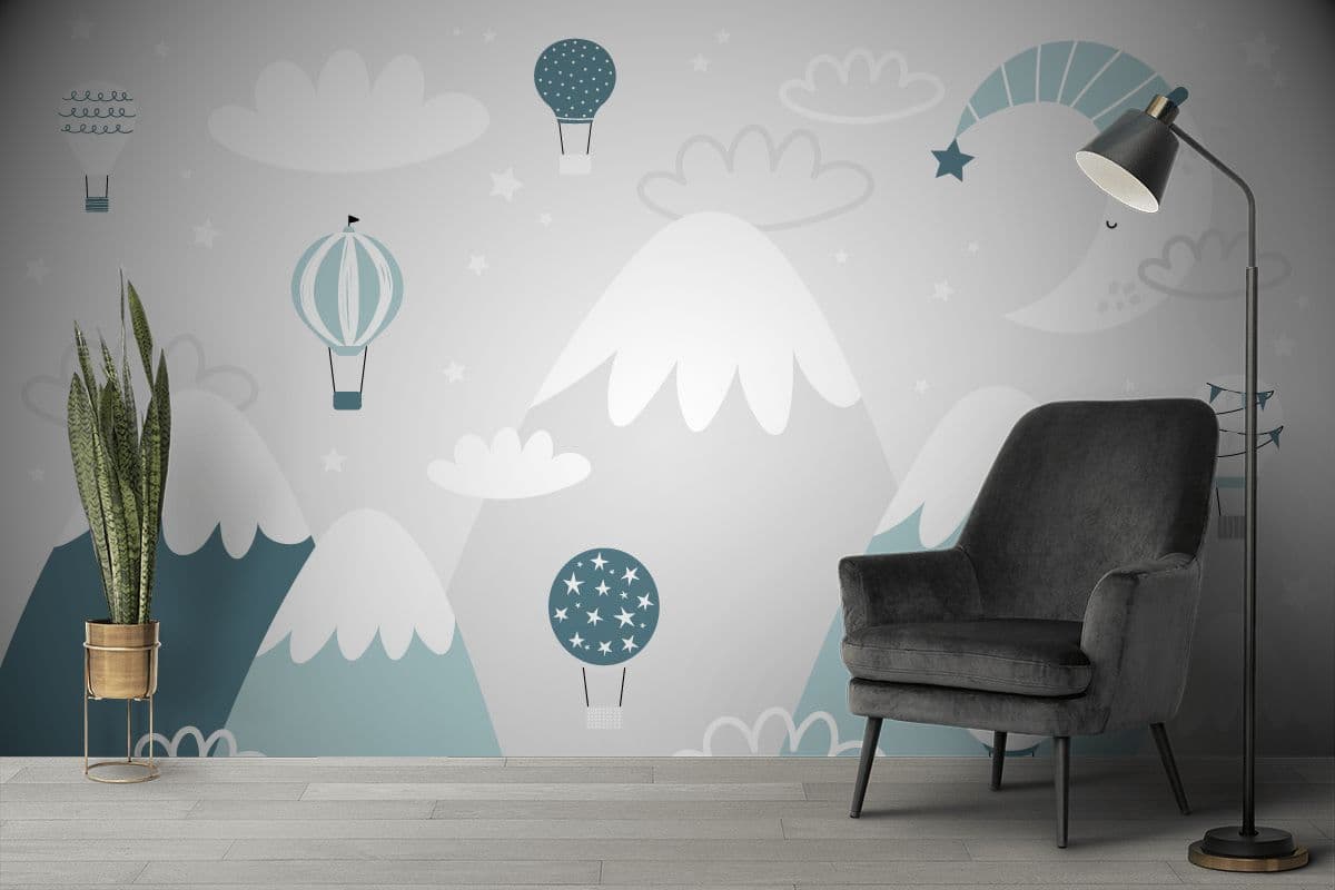 Cartoon Mountains with Hot Air Balloons Kids Wallpaper shown in a room