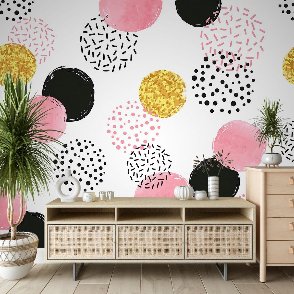 Premium Pink Black Gold Abstract Design Wallpaper shown in a room