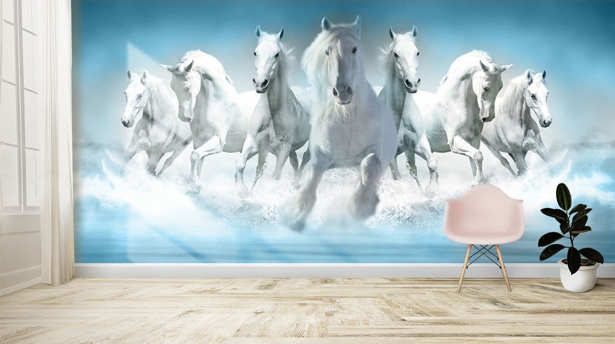 7 White Horses Wallpaper Running Through Water shown in a room
