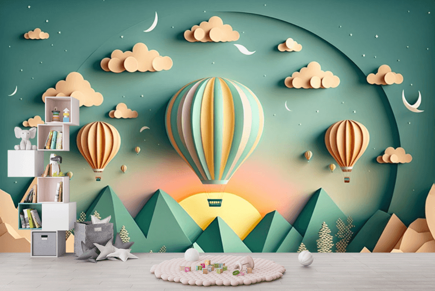 Floating Hot Air Balloon Sky Scene Wallpaper shown in a room
