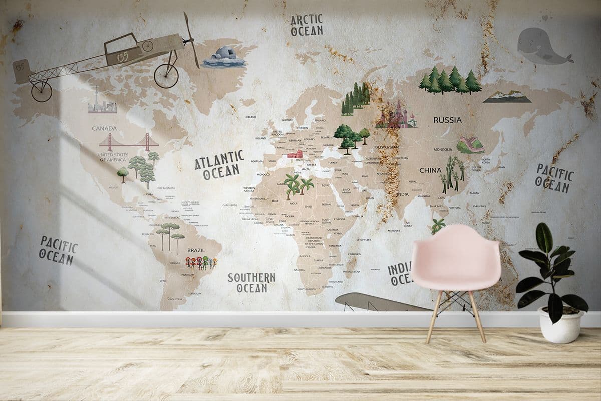 Kids Room Wallpaper, World map with different types of objects shown in a room
