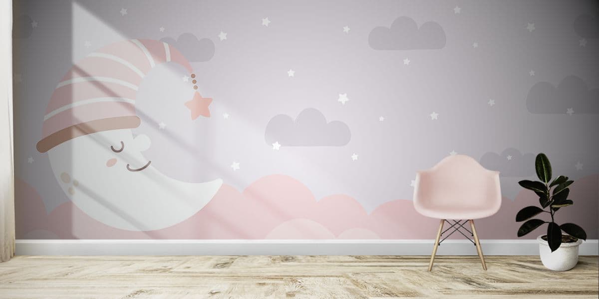 Cute Moon and Stars Cartoon Wallpaper shown in a room