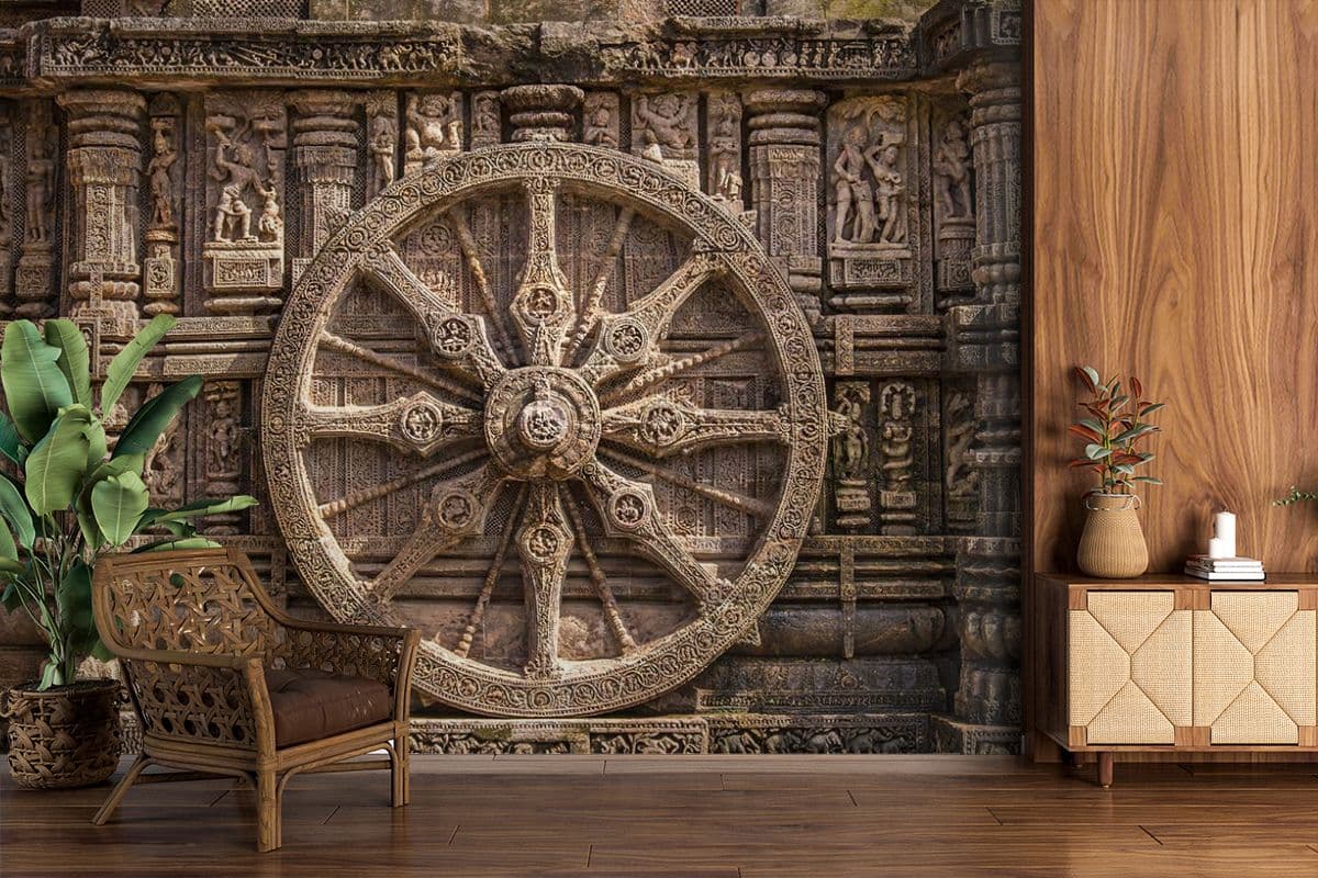 3D Konark Sun Temple Wheel Wallpaper shown in a room