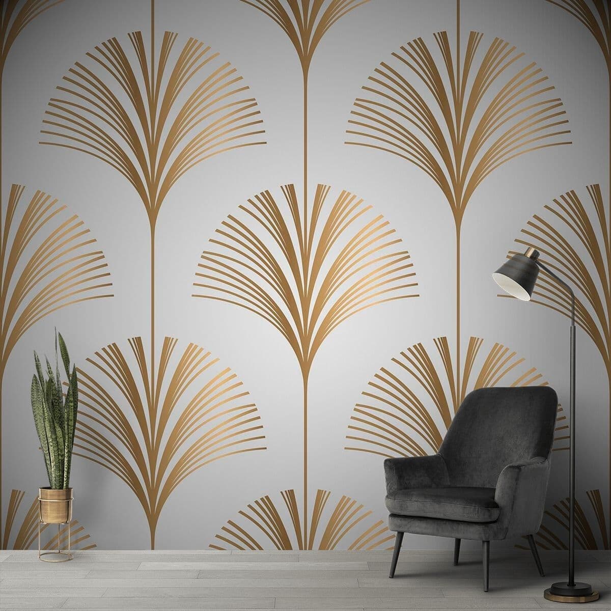 Luxurious Golden Fan-palm Pattern Wallpaper shown in a room