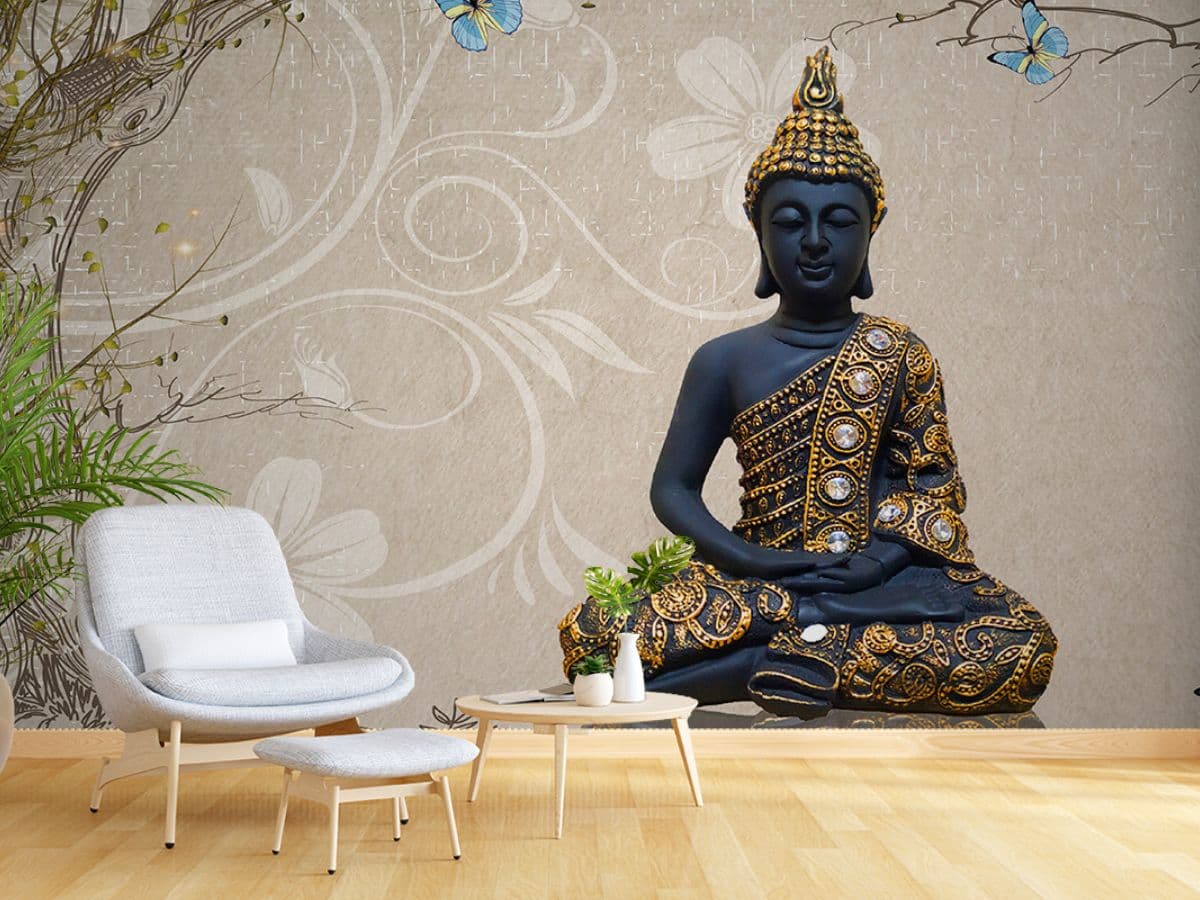 Blue Golden Buddha Mural Sitting in Lotus Position Wallpaper shown in a room