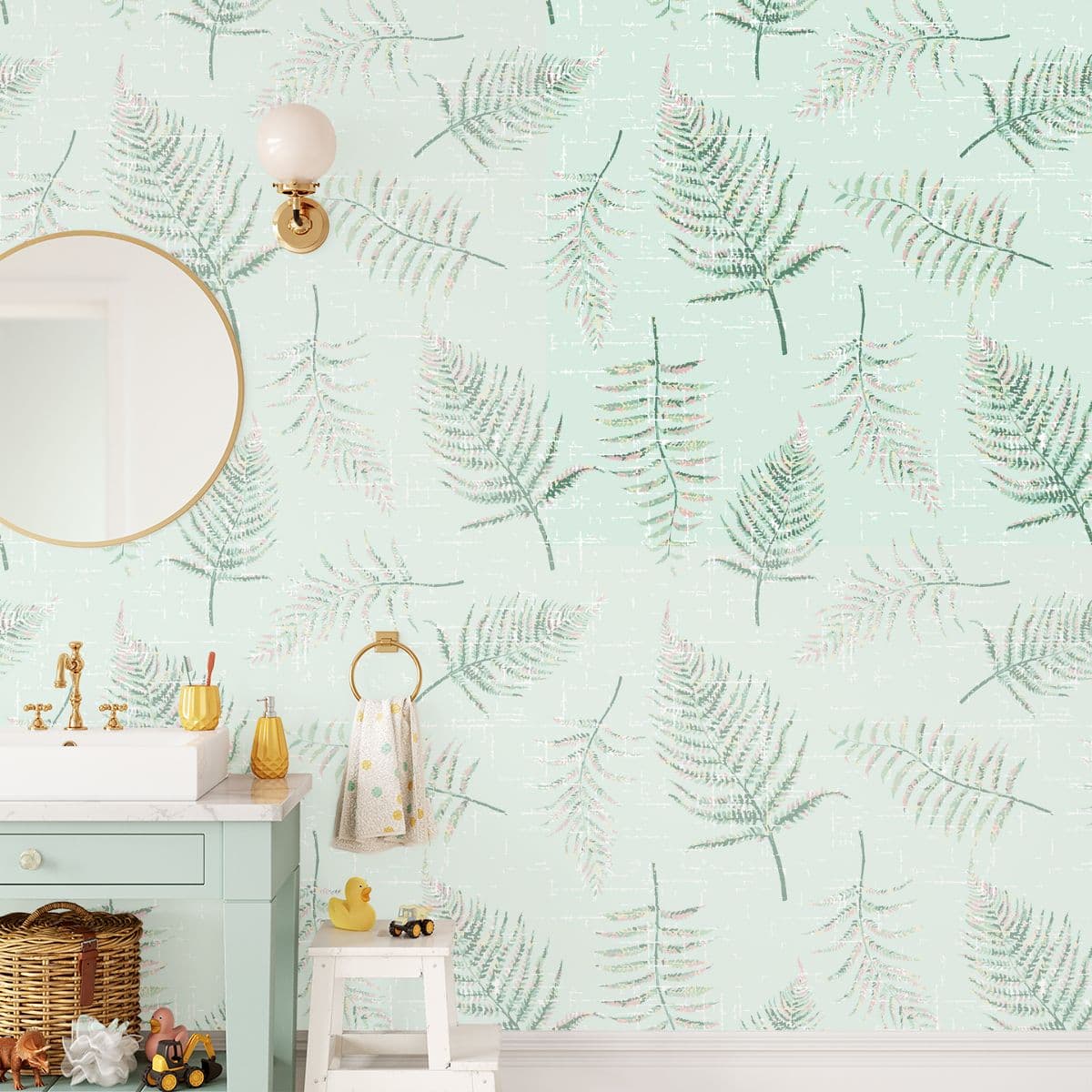 Light Blue Botanical Leaves Wallpaper shown in a room