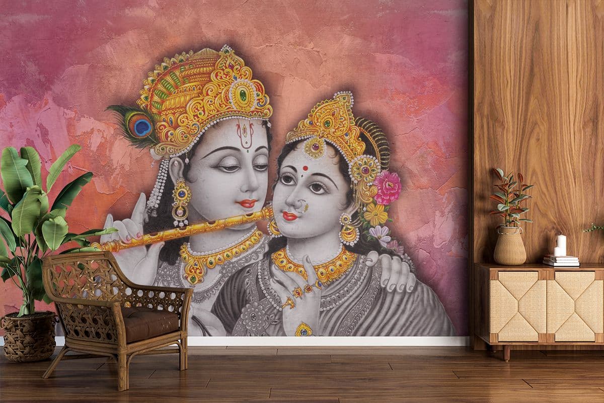 Beautiful Radha Rani and Krishna Mural Wallpaper shown in a room