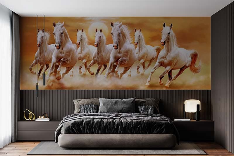 7 Horses Running in Water Vastu Wallpaper shown in a room