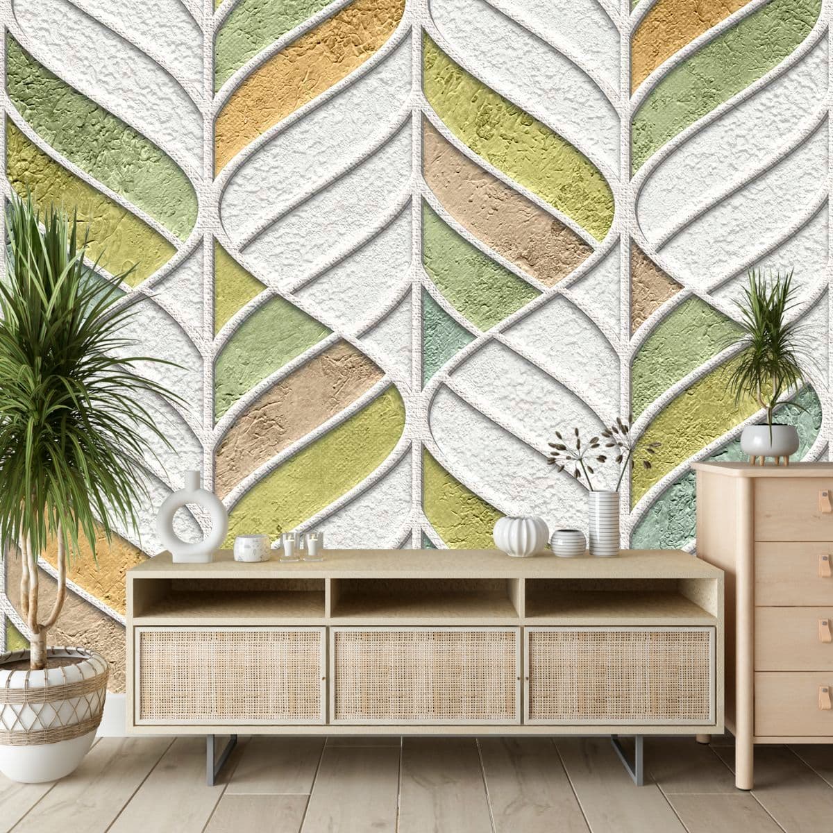 White and Green Tiles Wallpaper shown in a room