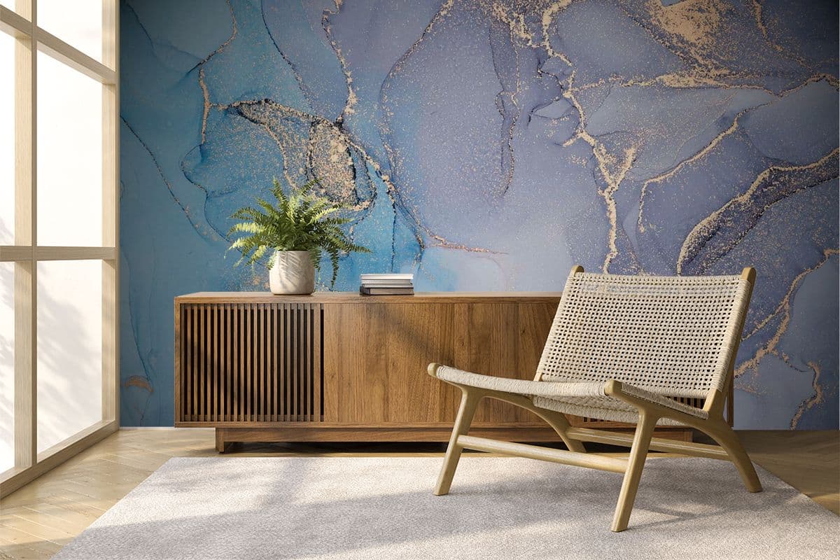 Blue and Gold Fluid Marble Wallpaper shown in a room