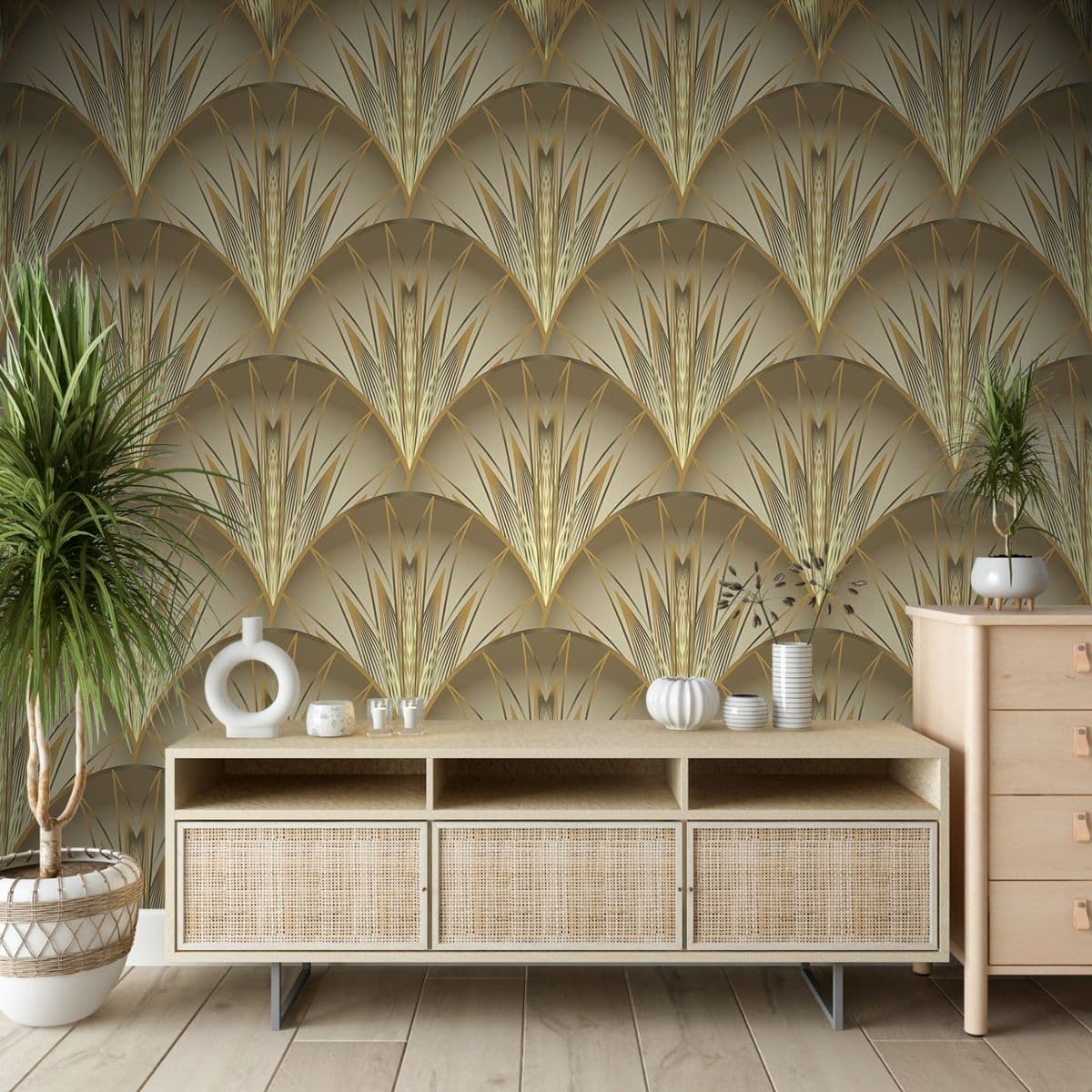 Premium Art Deco Gold and White Pattern Wallpaper shown in a room