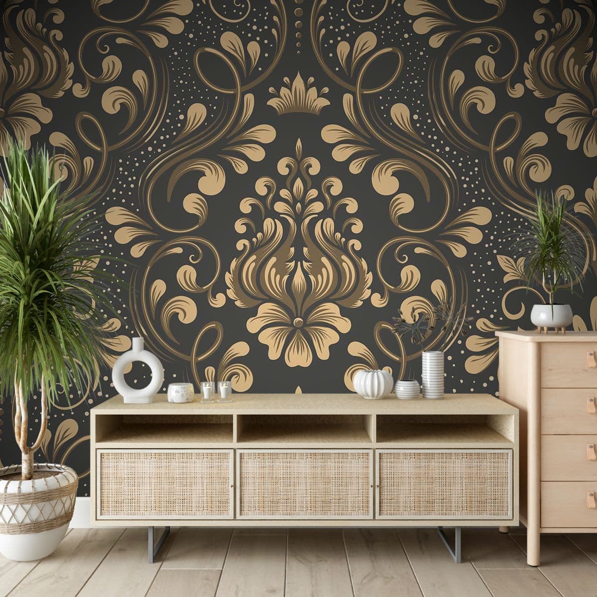 Luxurious Gold and Black Wallpaper Design shown in a room