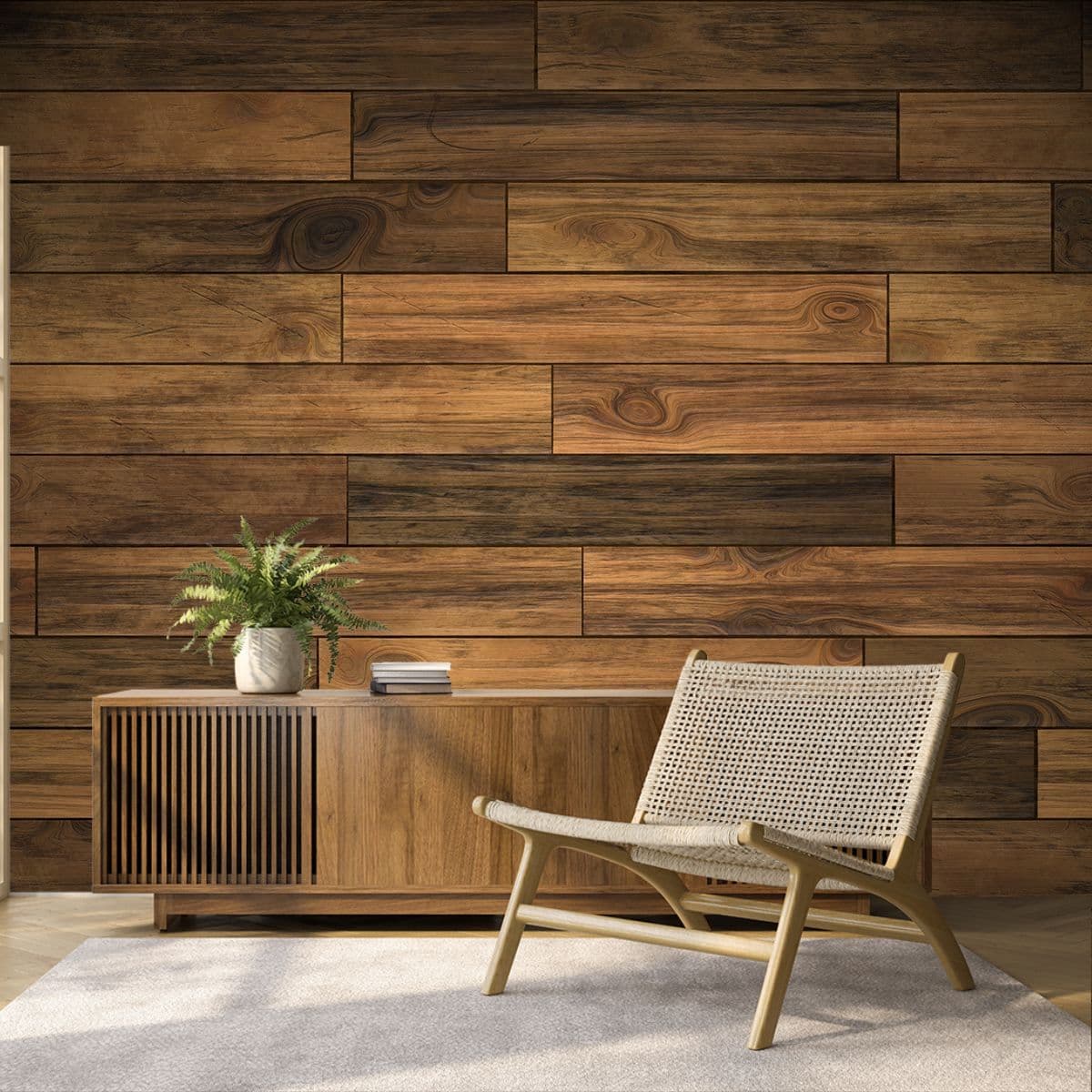 Premium Wood Floor Multi Shade Texture wallpaper shown in a room