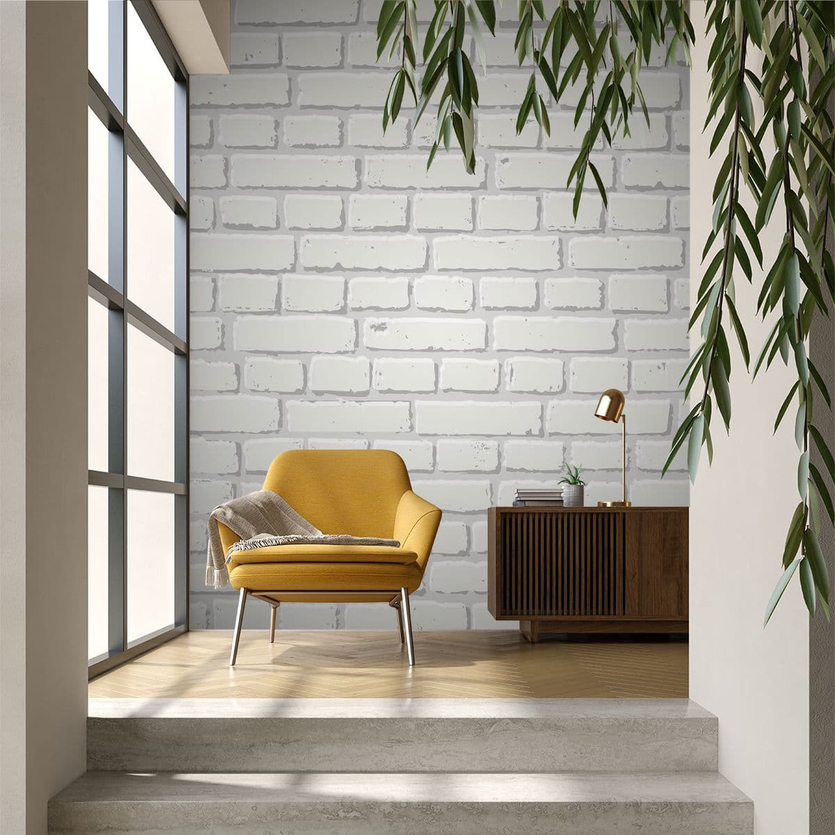 A Wallpaper of White Brick Wall shown in a room