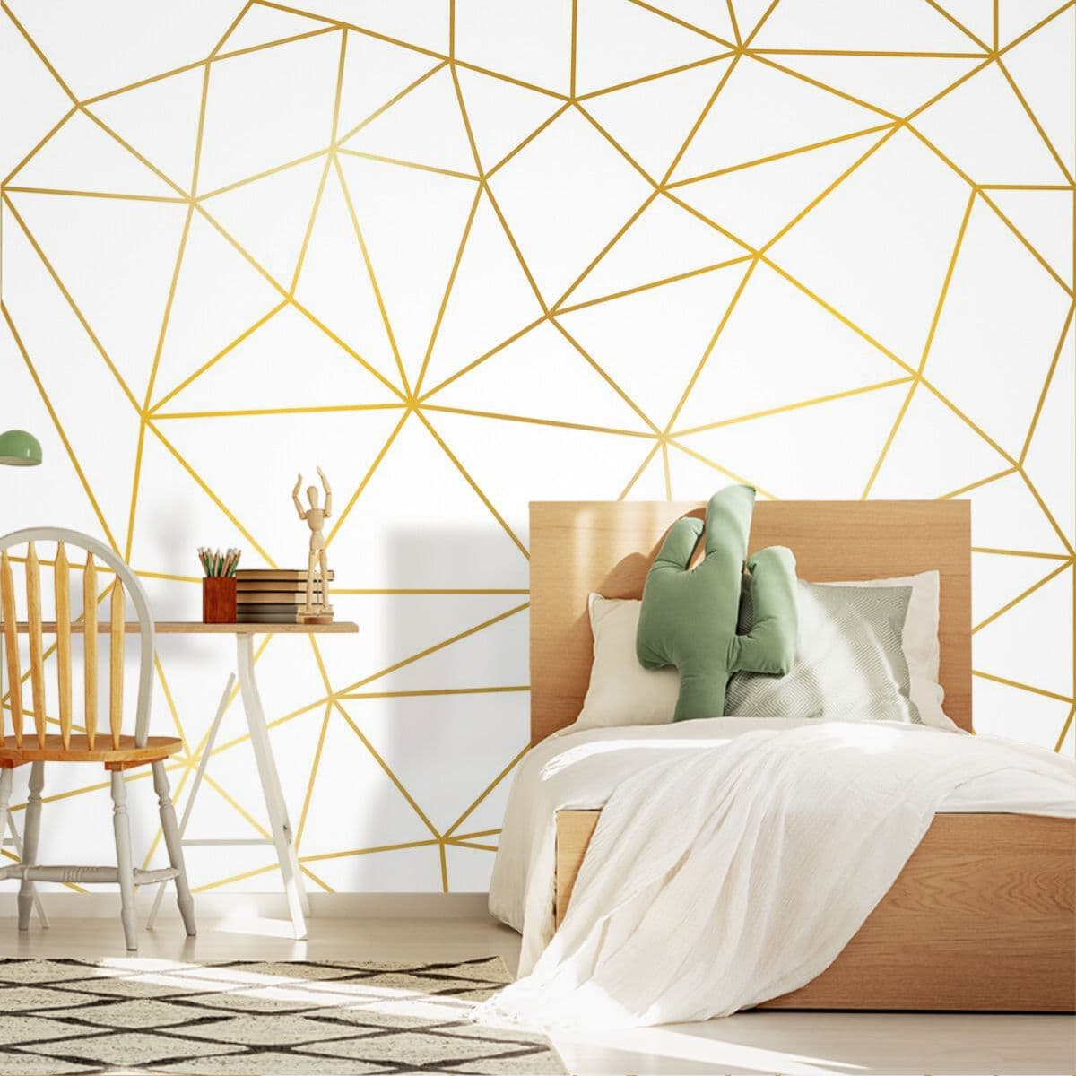 White Background with Golden Lines Pattern Wallpaper shown in a room