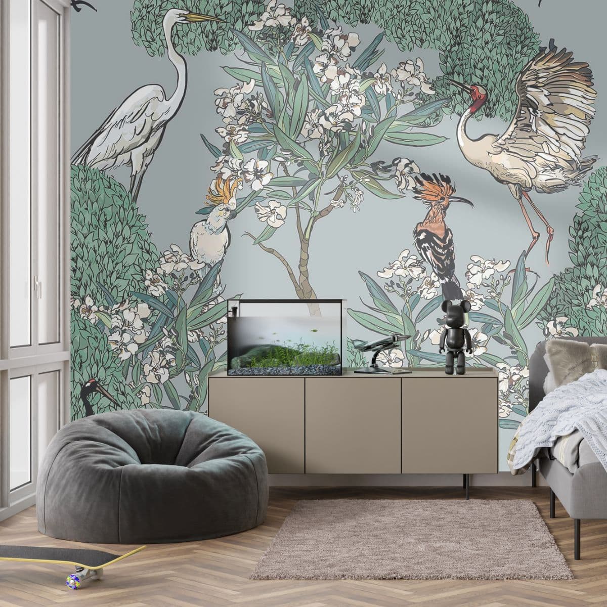 Elegant Birds and Trees Nature Wallpaper shown in a room