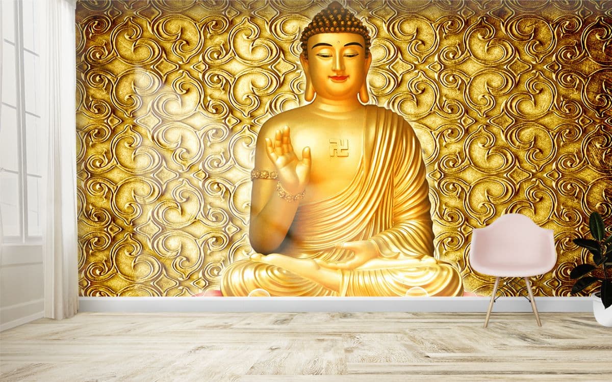 3D Buddha Gold Wallpaper for Home shown in a room